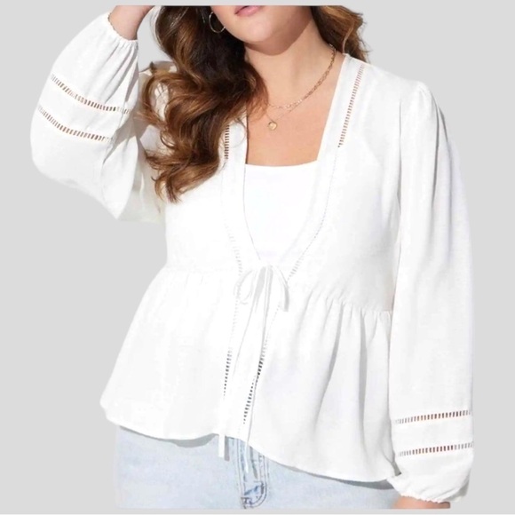 Torrid 2 Women’s White Eyelet Top Front Lace-up Cottagecore, Boho Long Sleeve - Picture 3 of 14